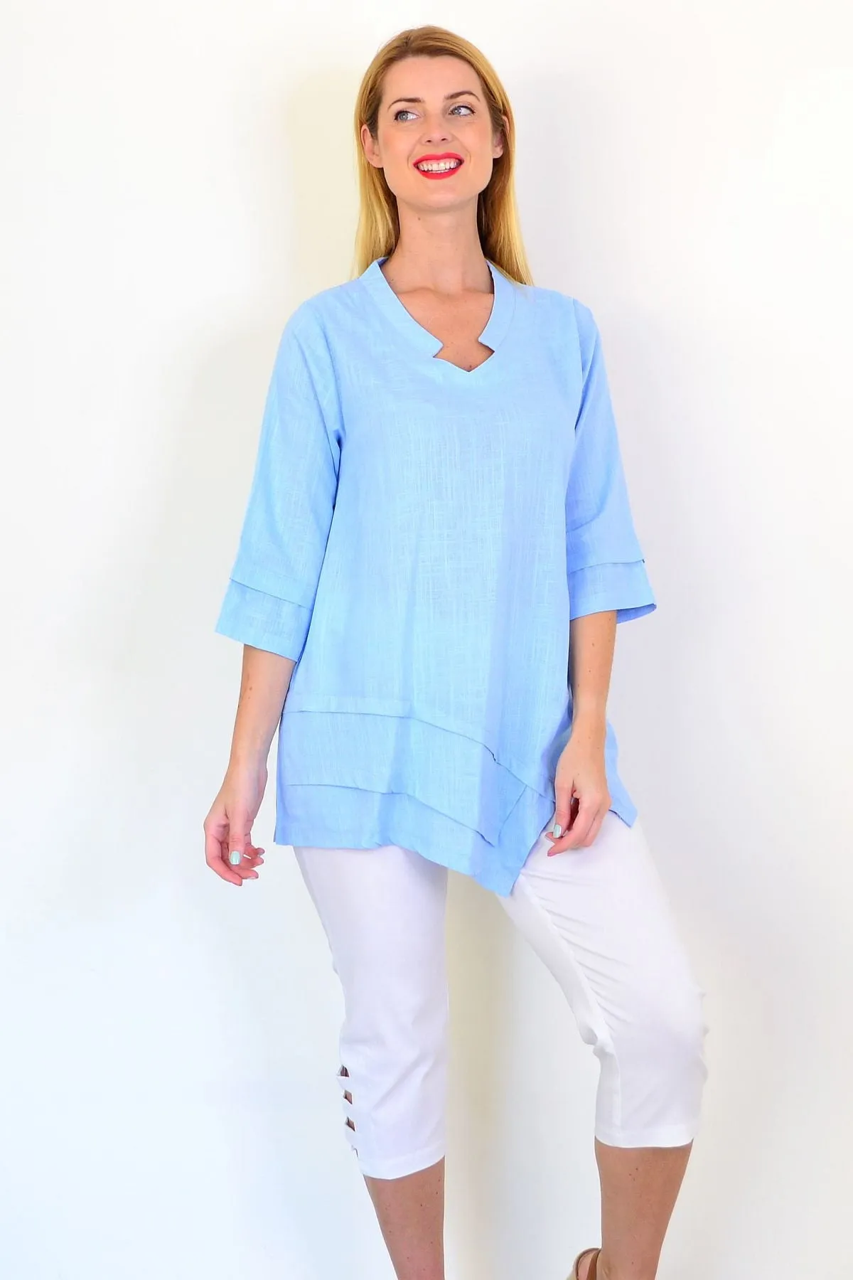 Sky Blue Linen Blend Tunic Top